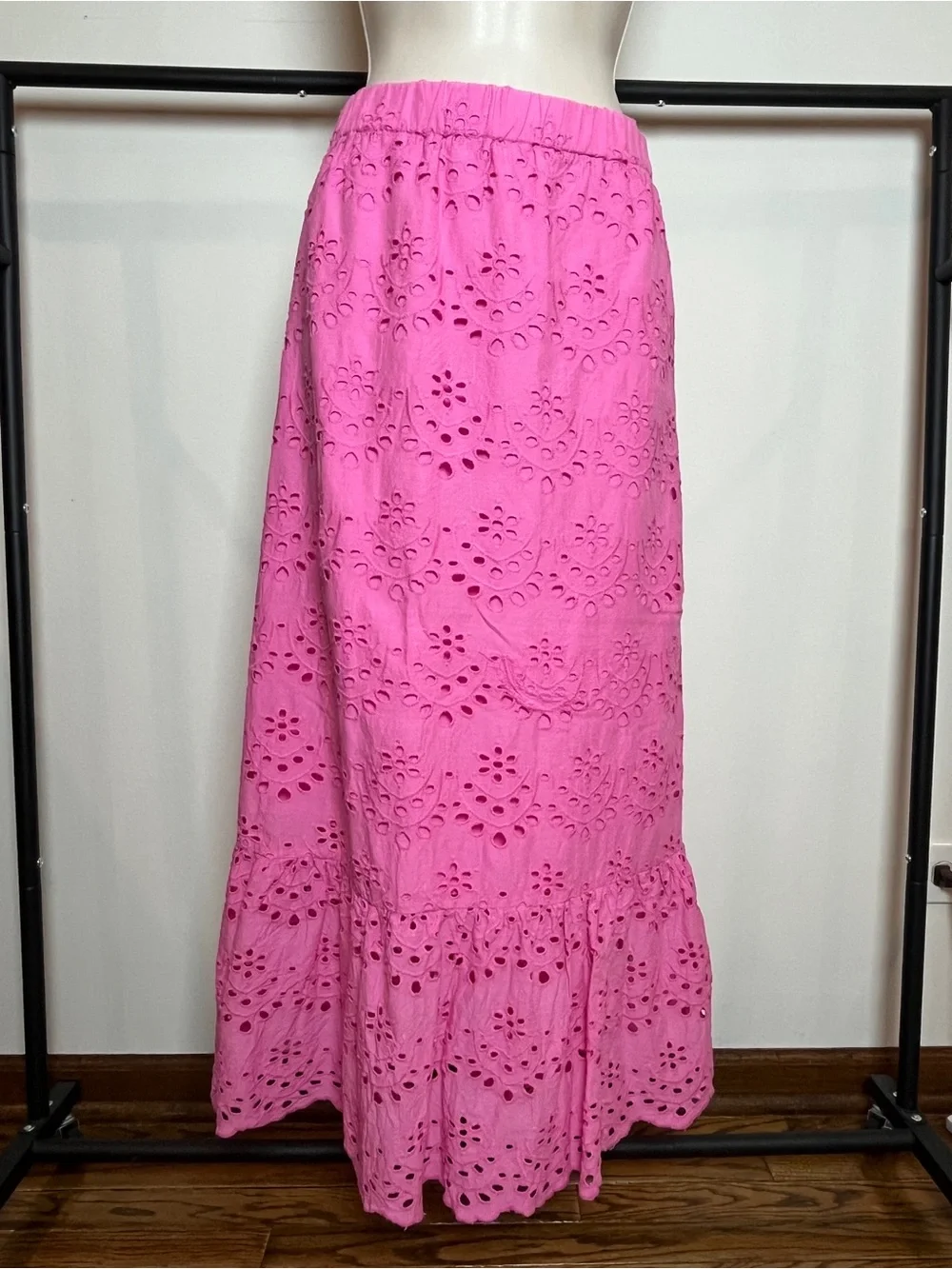 Calypso Women's Pink Eyelet Maxi Skirt Medium Fairy Cottage Preppy Summer Beach